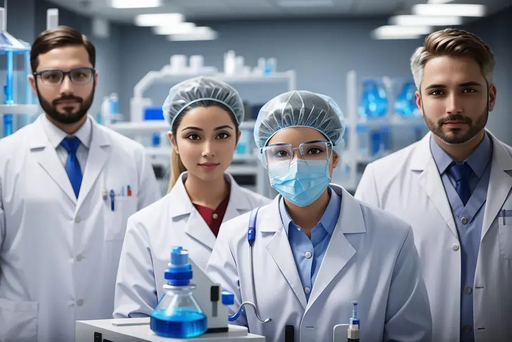 personal-medico-cientifico-profesional-mirando-camara-laboratorio-modernamente-equipado